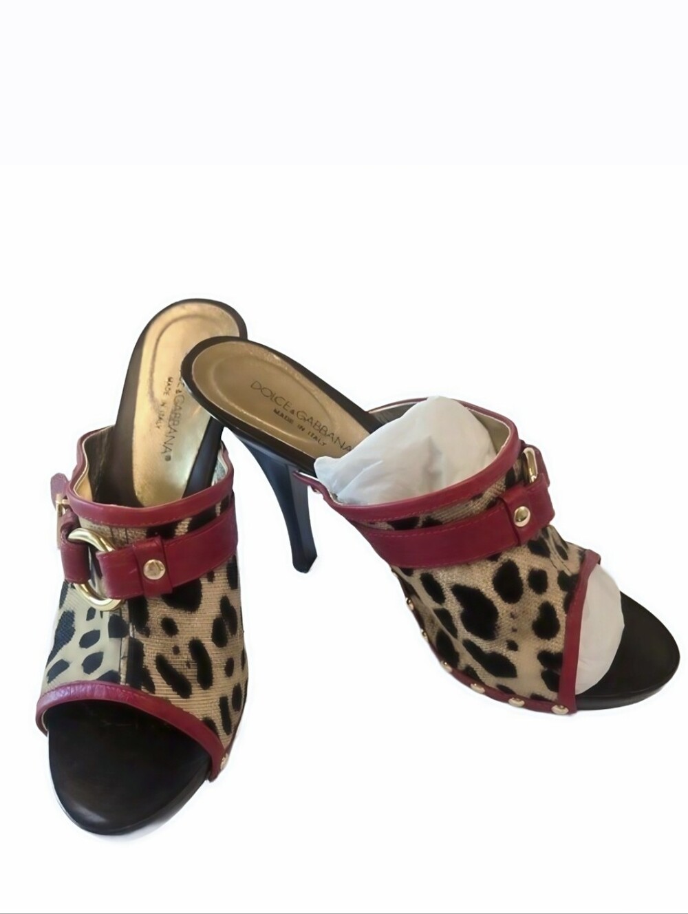Auth Dolce & Gabbana Leopard Print Open-Toe Mules with Red Leather Trim  38